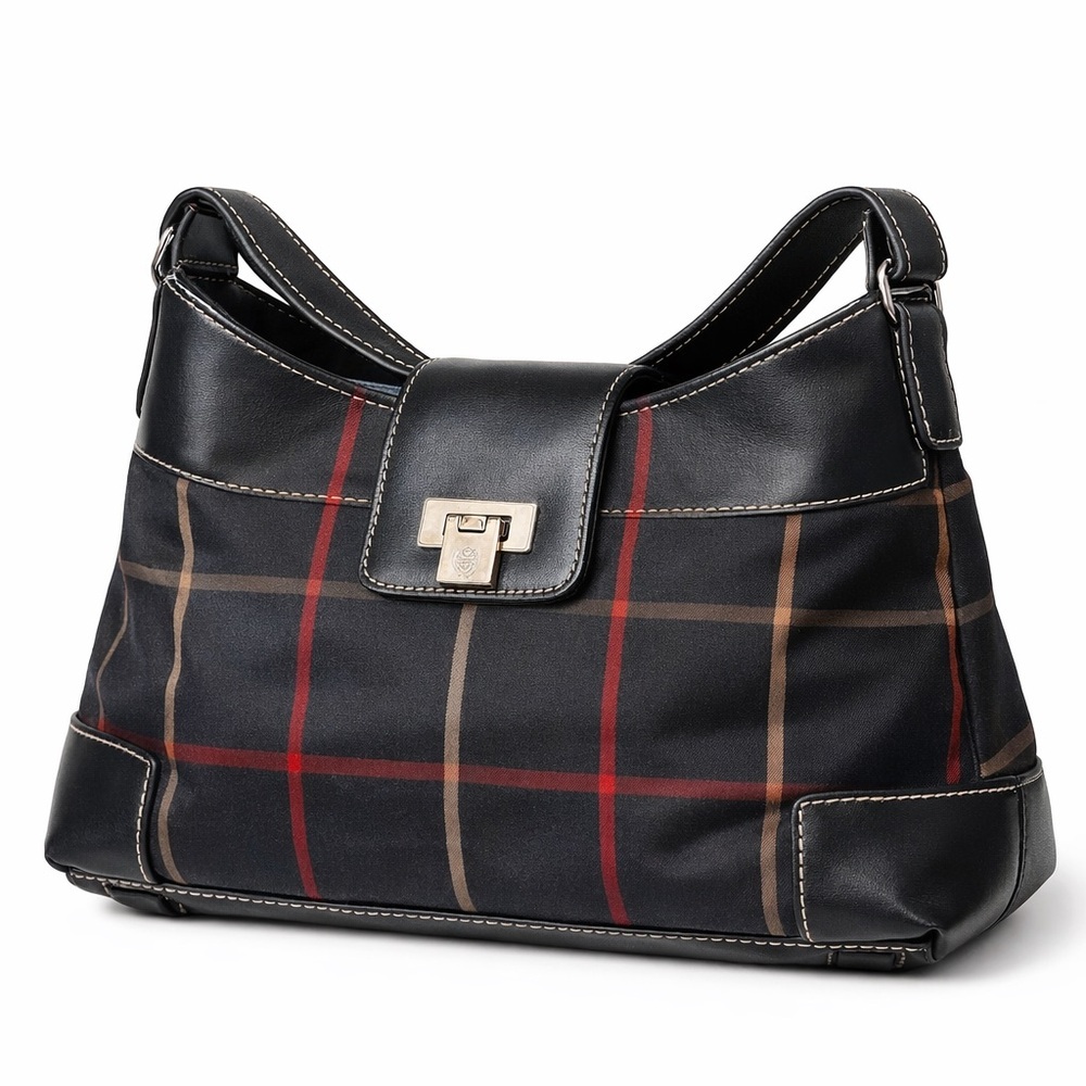 👜 Liz Claiborne Plaid Shoulder Bag Black Red Tan Classic Turn Lock Purse